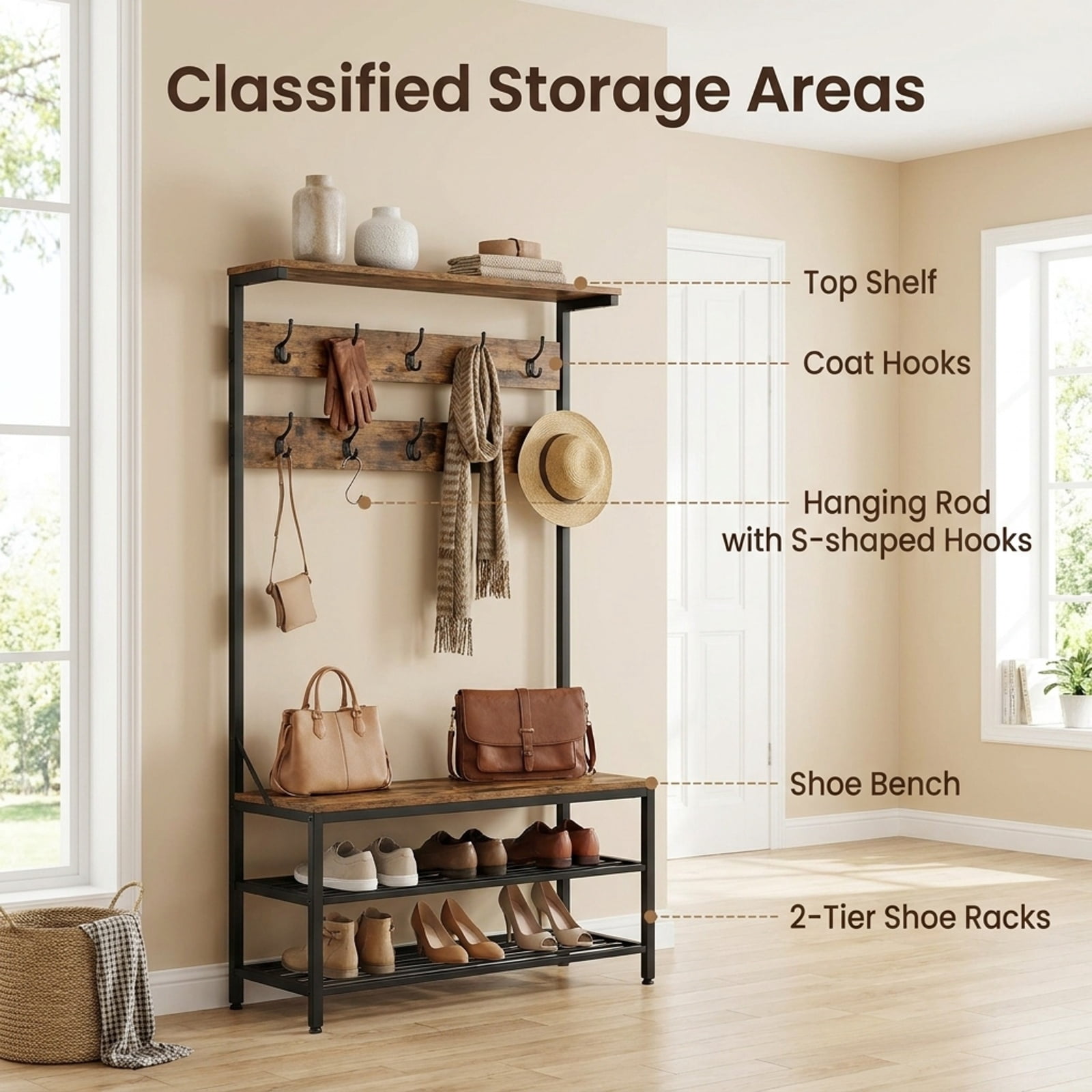 Furnibear 4 in 1 Hall Tree Coat Rack with Shoe Bench and Removable Hooks and Hanging Rod for Entryway and Bedroom, Rustic Brown