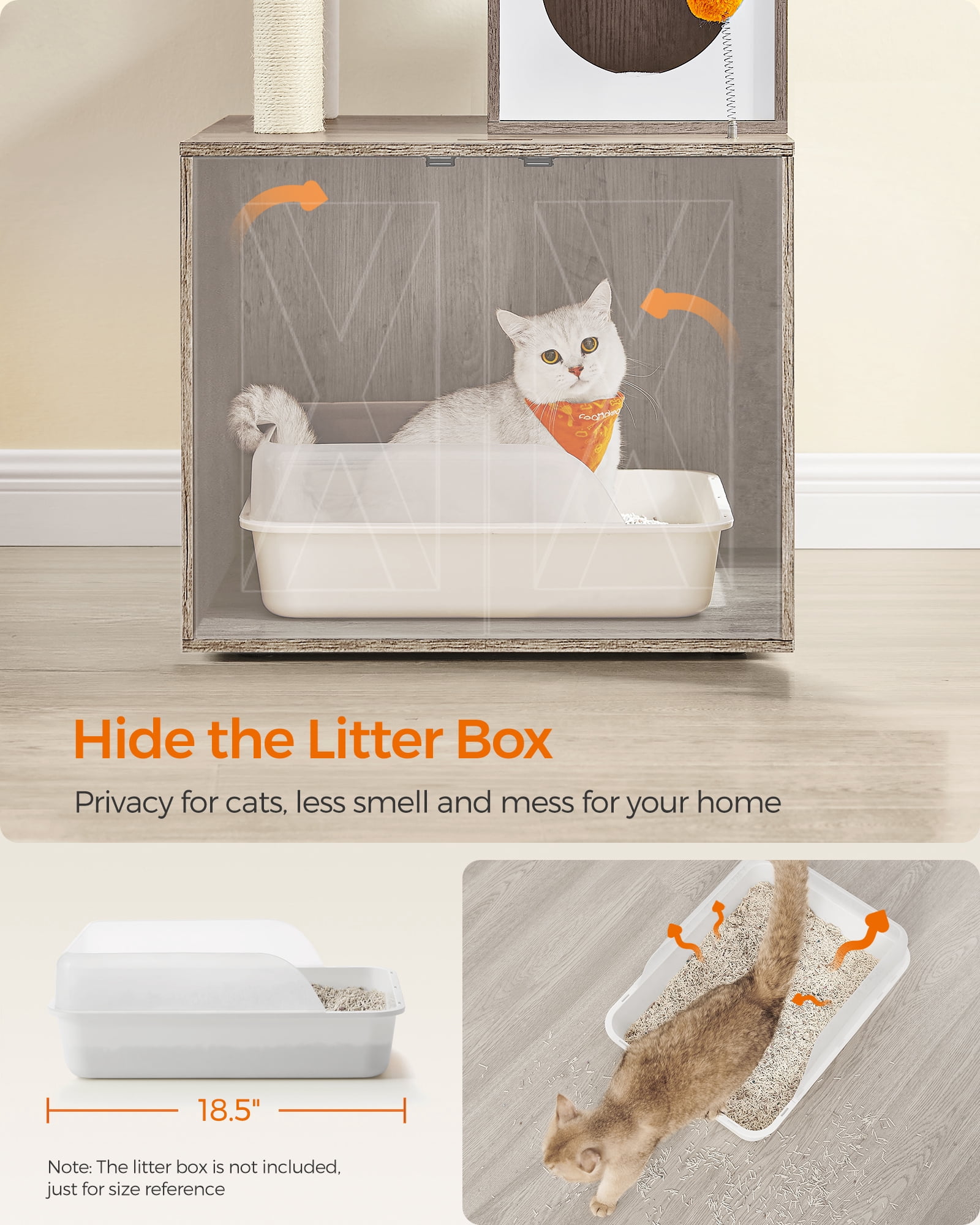 Cat Tree with Litter Box Enclosure - 2-in-1 Modern Cat Tower | 72.8-Inch Tall Condo with Scratching Posts, Perch, Caves, Basket, Washable Cushions, Greige