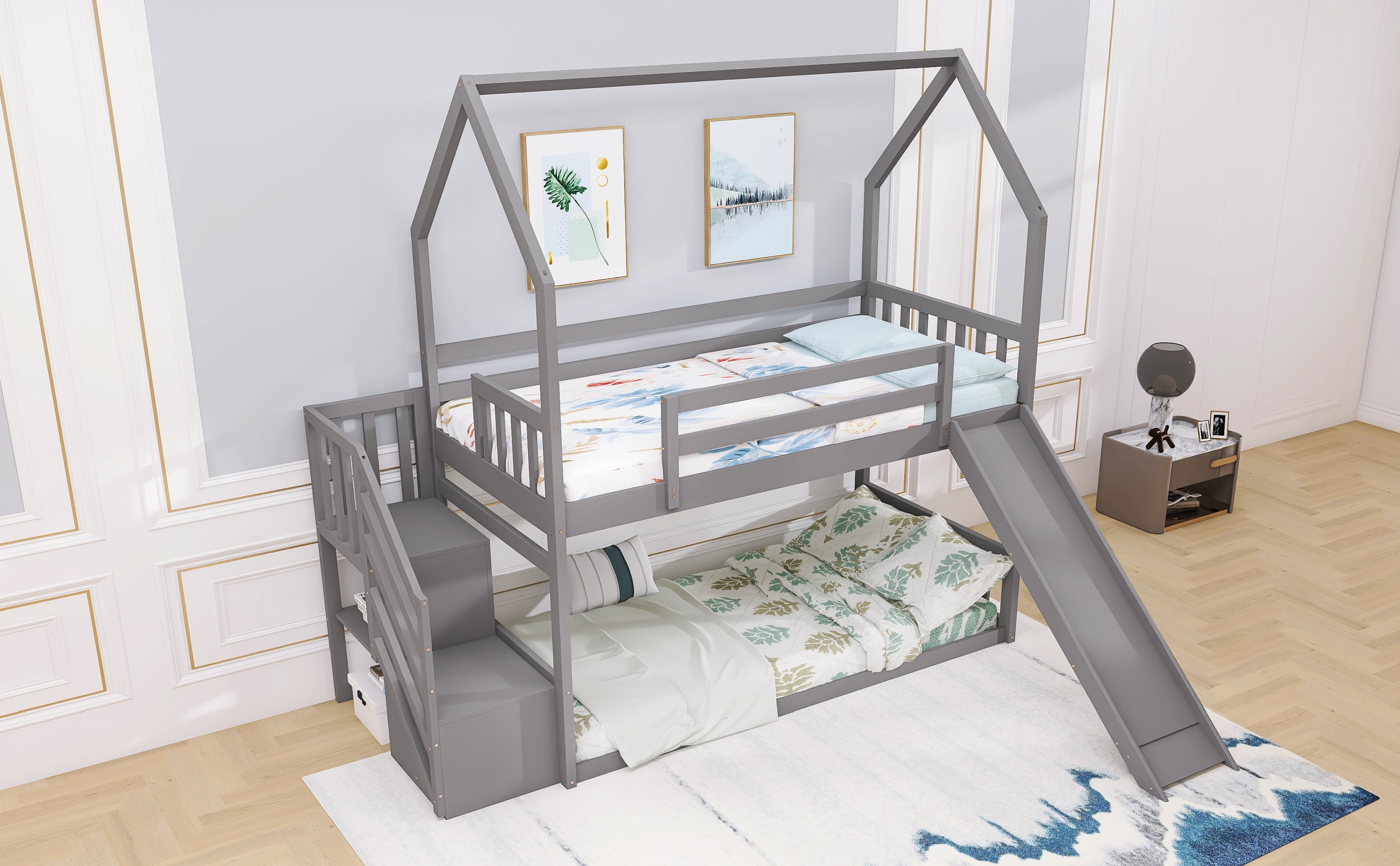 EUROCO Twin House Bunk Bed with Staircase for Kids Teens Bedroom, Solid Wood Bunk Bed with Storage, Gray