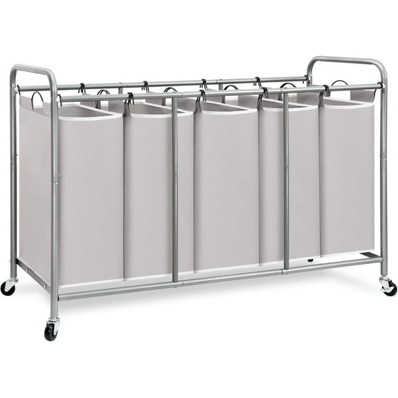 5 Section Laundry Sorter, 5 Bins Rolling Separator Laundry Basket, Dirty Clothes Hamper Divider with Heavy Duty Rolling Lockable Wheels, Large Clothes Organizer Cart, Gray