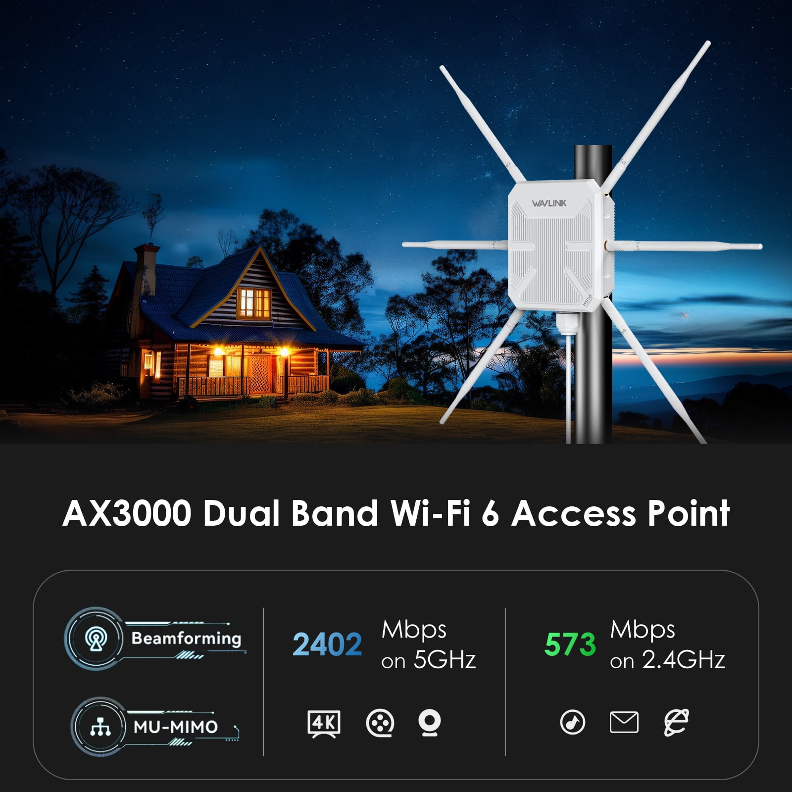 WiFi6 Outdoor Router AX3000 Access Point, Dual Band WiFi Router Mesh Extender with PoE/ Weatherproof