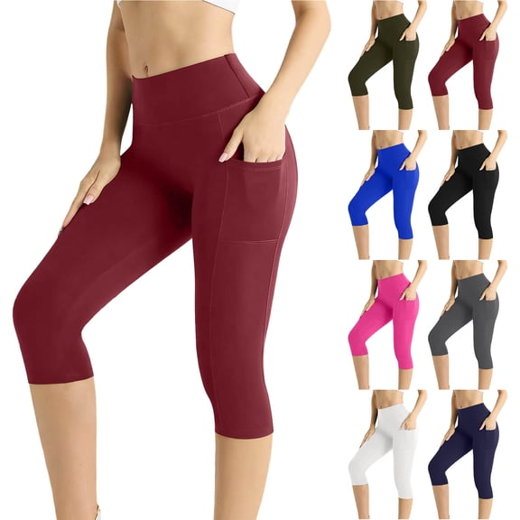 Bloomae Capri Leggings with Pockets for Women, High Waisted Tummy Control Buttery Soft Cropped Pants for Gym Yoga Workout White L
