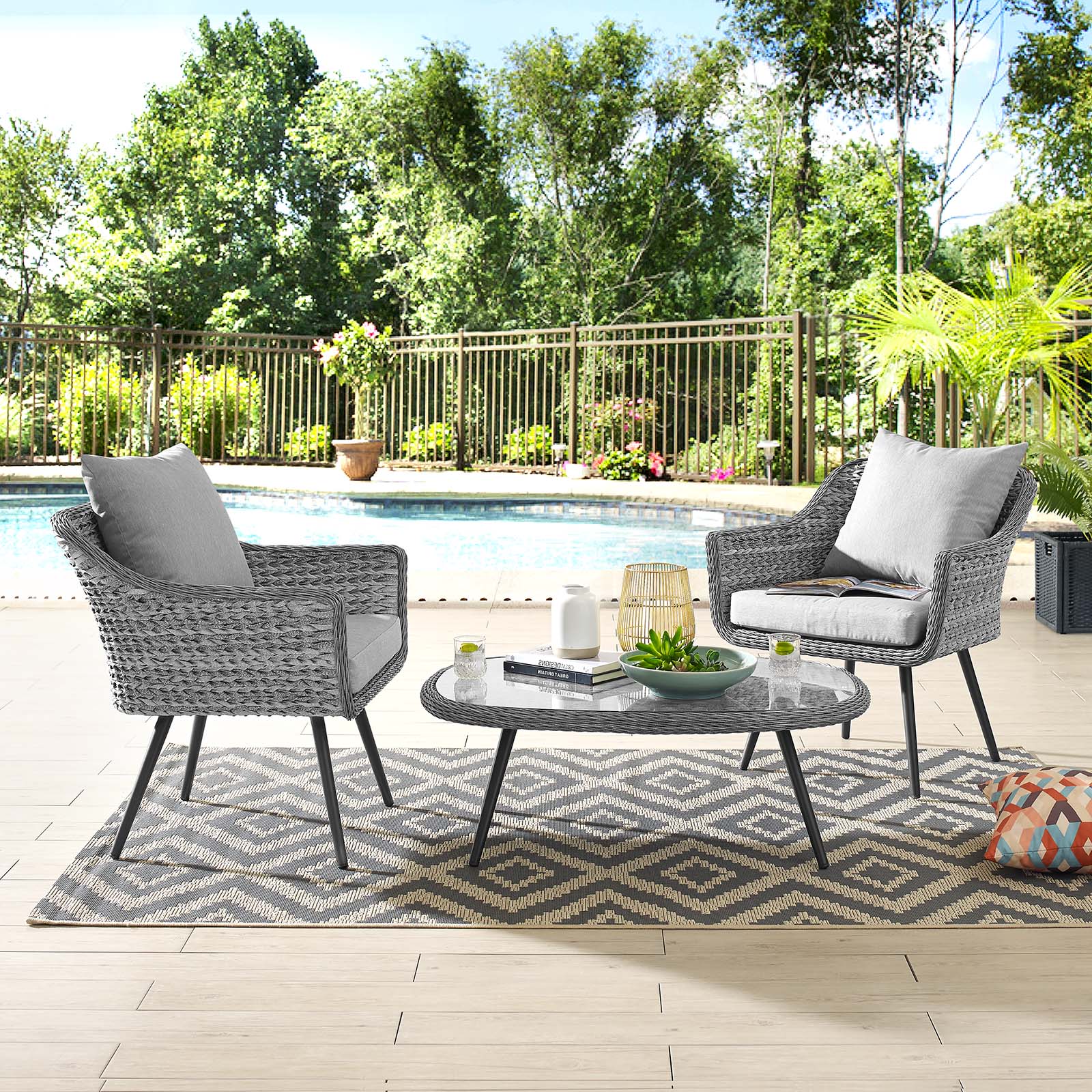Contemporary Modern Urban Designer Outdoor Patio Balcony Garden Furniture Lounge Chair and Coffee Table Set, Aluminum Fabric Wicker Rattan, Grey Gray - image 4 of 8