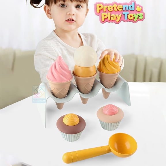 DIY Pretend Ice Cream Cupcake Play Toys, Kids Toddler Dessert Stand Scoop Sweet Food Playset, Preschool Educational Learning Toys, Imaginative Ice Cream Shop Role Play Kit for Boys Girls Ages 3