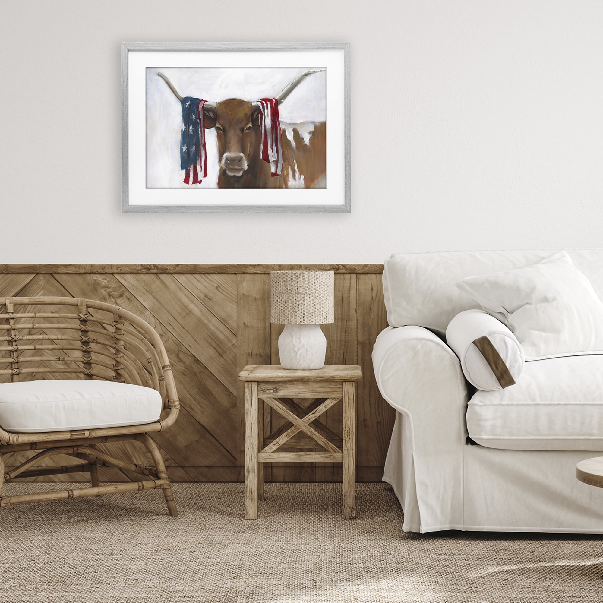 Stupell Industries Patriotic Longhorn with Flag Gray Framed Print Under Glass, design by White Ladder
