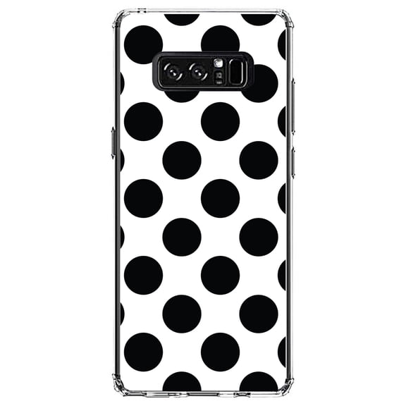 DistinctInk Clear Shockproof Hybrid Case for Samsung Galaxy Note 8 - TPU Bumper, Acrylic Back, Tempered Glass Screen Protector - Black & White Polka Dots