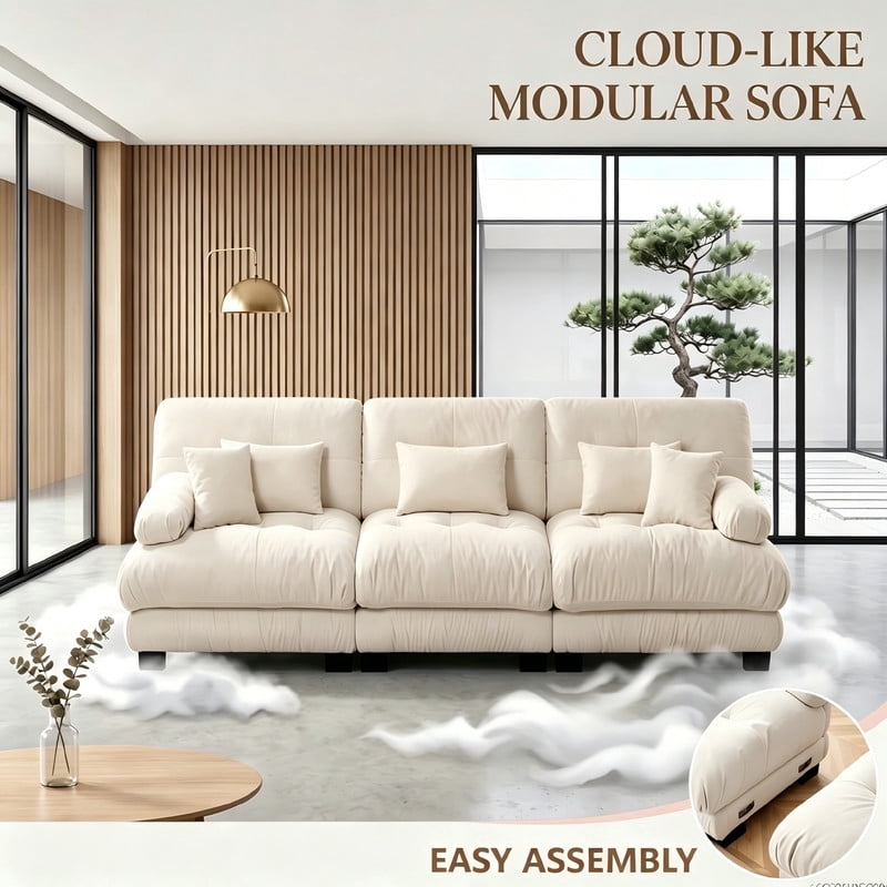 ANPPORT Cloud Couch Sleeper Sofa, Chenille Light Coffee 3-Seater Modular Sofa, 3 Lumbar pillows, 2 Pillows, Comfy Deep Seat Cloud Sofa, Convertible L-Shaped Floor Couch for Living Room