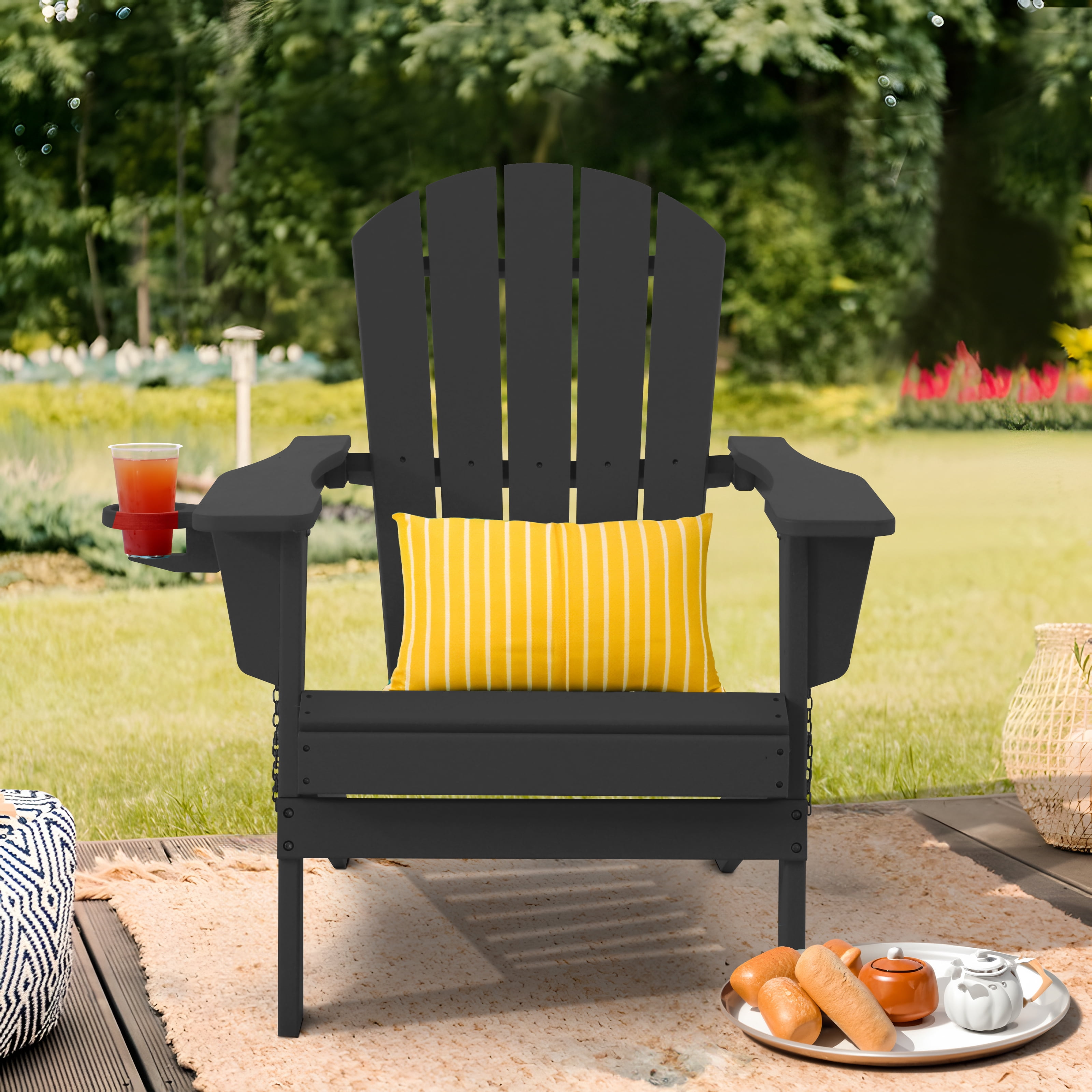 Folding Adirondack Chairs, Patio Chairs, Lawn Chairs, Outdoor Chair, Adirondack Chair Plastic, Fire Pit, Weather Resistant with Cup Holder for Deck, Backyard, Garden(Black)
