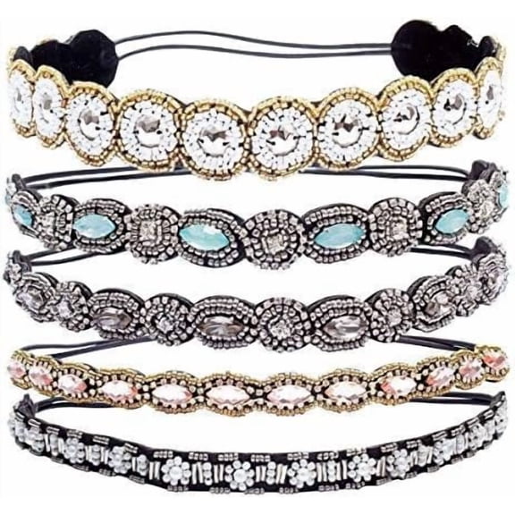 Rhinestone Beaded Elastic Headband - 5 count Fashionable Style Beaded Hair Ties, Jewely Headband for Women Girls Lady