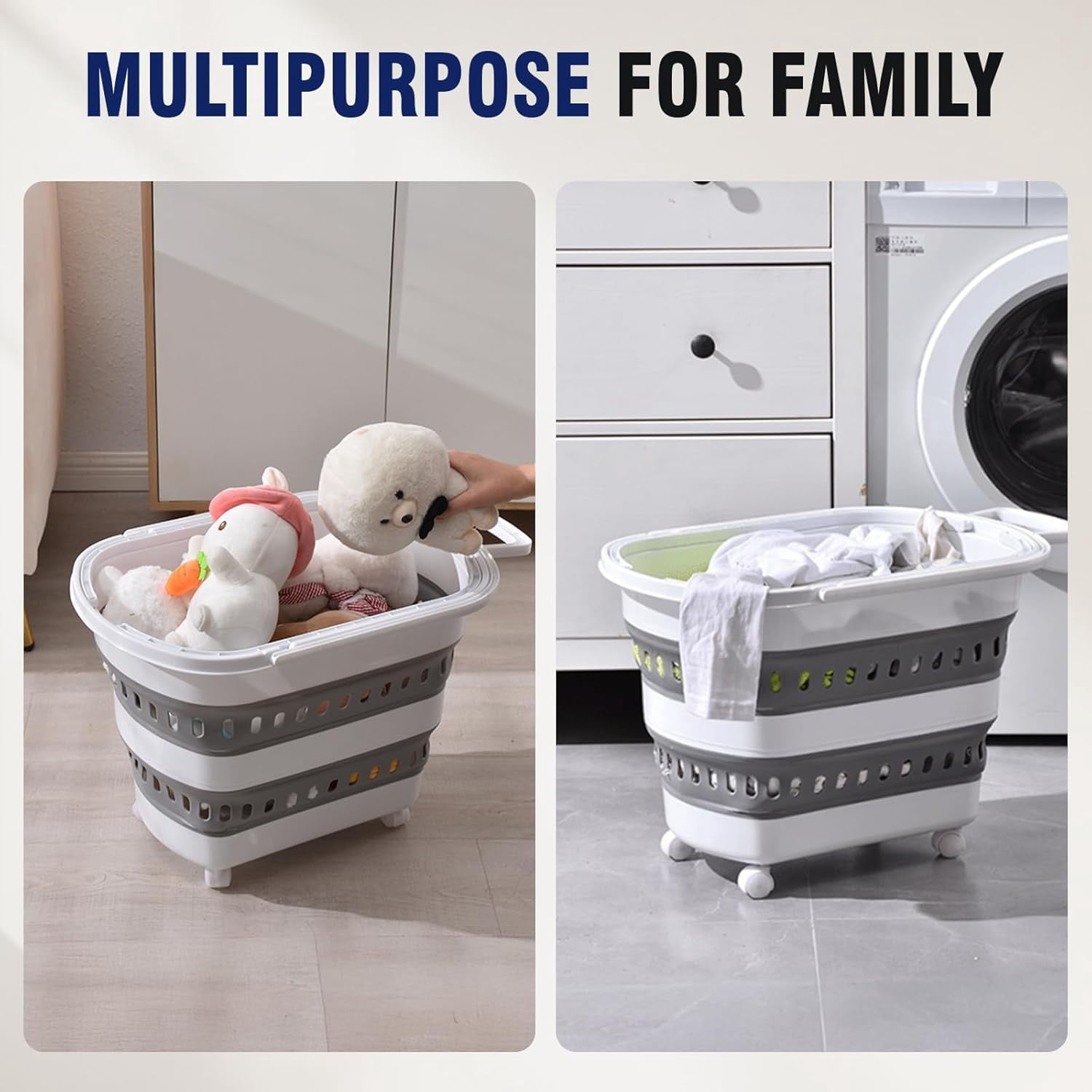Collapsible Laundry Basket with Wheels 45L Portable Hamper for Clothes Storage and Organization Grey