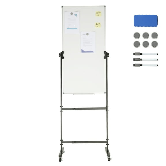 KFFKFF Mobile Magnetic Whiteboard, Dual-Faced 24x48 Inches, Height-Adjustable Dry Erase Board on Casters, Includes 1 Magnetic Eraser, 3 Dry Erase Markers & Portable Tray, Ideal for Office Use.