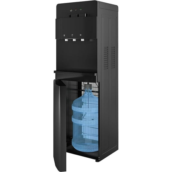 Muhub Cold & Hot Water Cooler Dispenser, Black Bottom Loading Water Cooler Dispenser, Holds 3 or 5 Gallon Bottle, Anti-Scalding Design and Storage Cabinet, Child Safety Lock for Home, Office Use