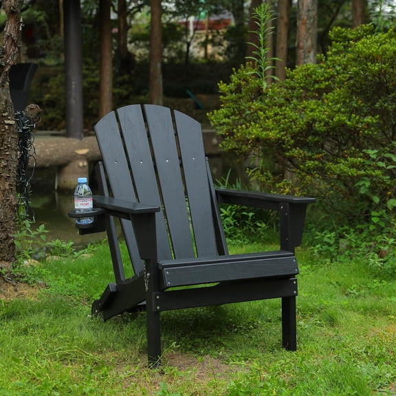Outdoor Folding Adirondack Chair with Cup Holder, Wood Texture | Black | HDPE