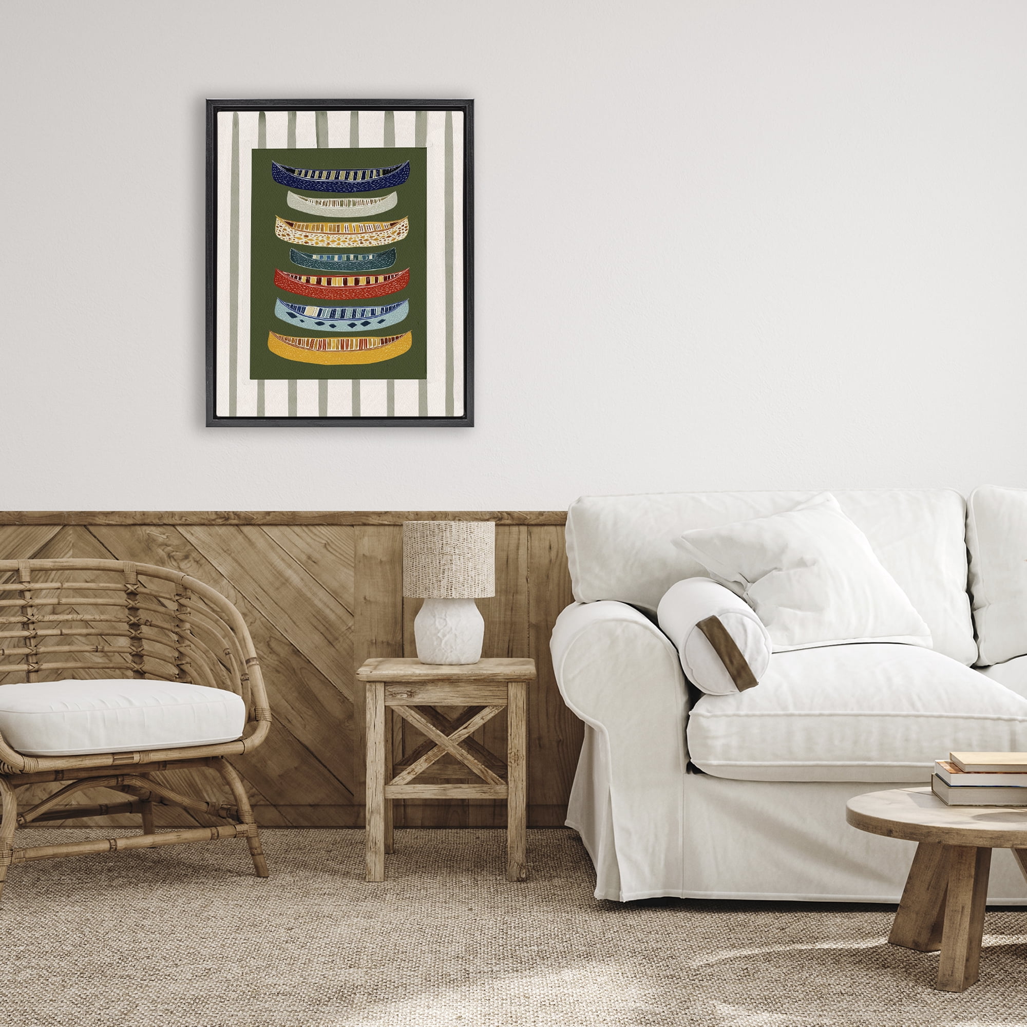 Stupell Industries Patterned Canoes over Stripes Black Framed Floater Canvas Wall Art, design by Yen
