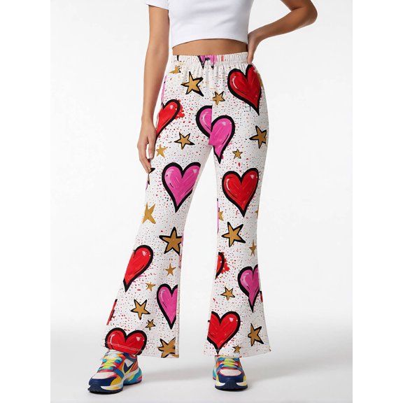 11-12Y Girls Colored Flared Pants Digital Print Trousers Slim-Fit Wide Leg Flare for Spring Summer Autumn