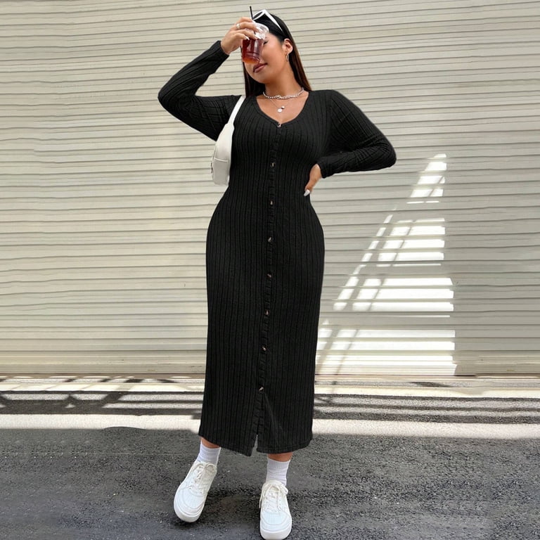 simple black knit dress AURA Plus Size U Neck Maxi Long Sleeve High Waist One Step Pencil Dress Casual Fall Winter Dress christmas-newyear