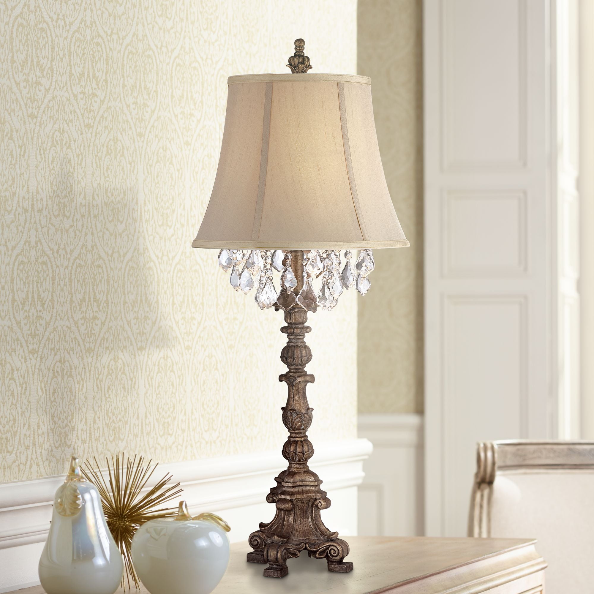 Barnes And Ivy Cottage Table Lamp Crystal Gold Candlestick Beige Bell Shade For Living Room Family Bedroom Bedside Nightstand