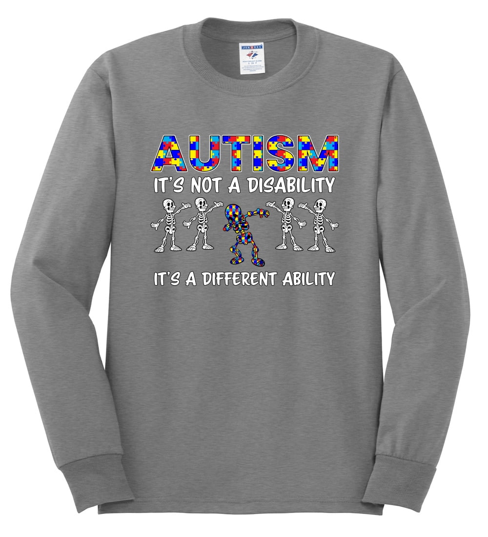 Autism Is Not A Disablity It's A Different Abilty | Autism Awareness Dabbing Skeleton Inspirational Christian Mens Long Sleeve Shirt, Heather Grey, XX-Large