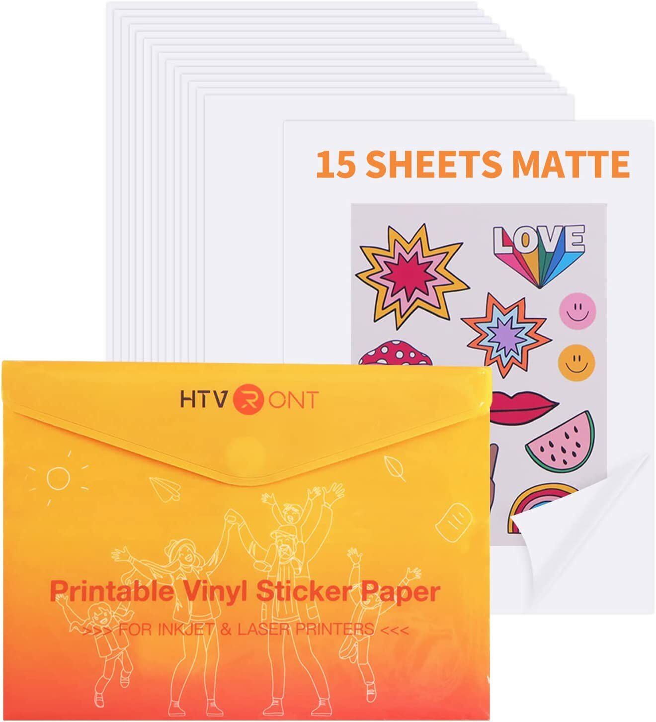 HTVRONT 15 Sheets Matte Printable Vinyl Sticker Paper Labels for Inkjet