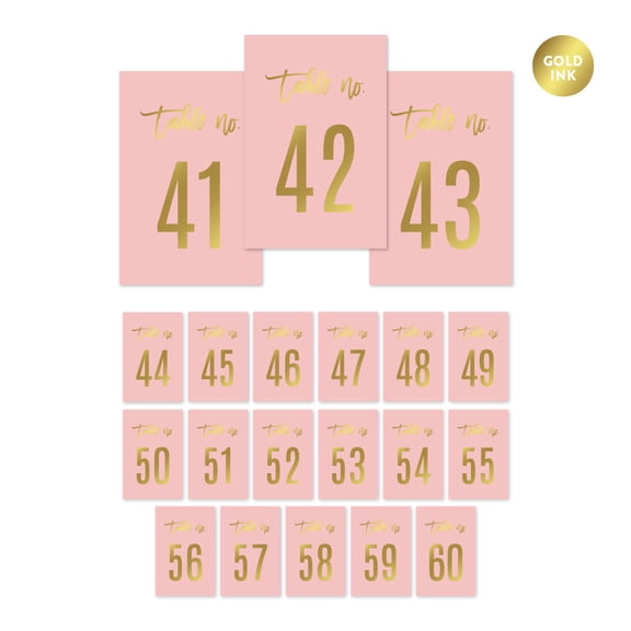 Blush Pink and Metallic Gold Confetti Polka Dots, Table Numbers 41 - 60 on Perforated Paper, Single-Sided, 4 x 6-inch