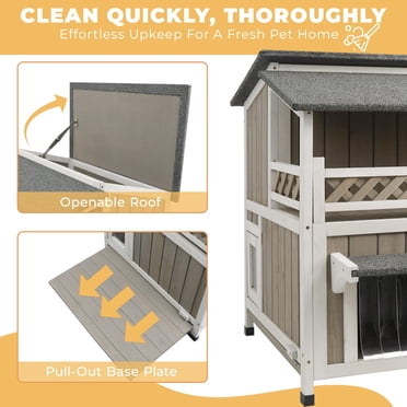 Outdoor Insulated Cat House - Waterproof Solid Wood Shelter With Sloping Roof, Easy Clean, Dark Grey For Feral Cats