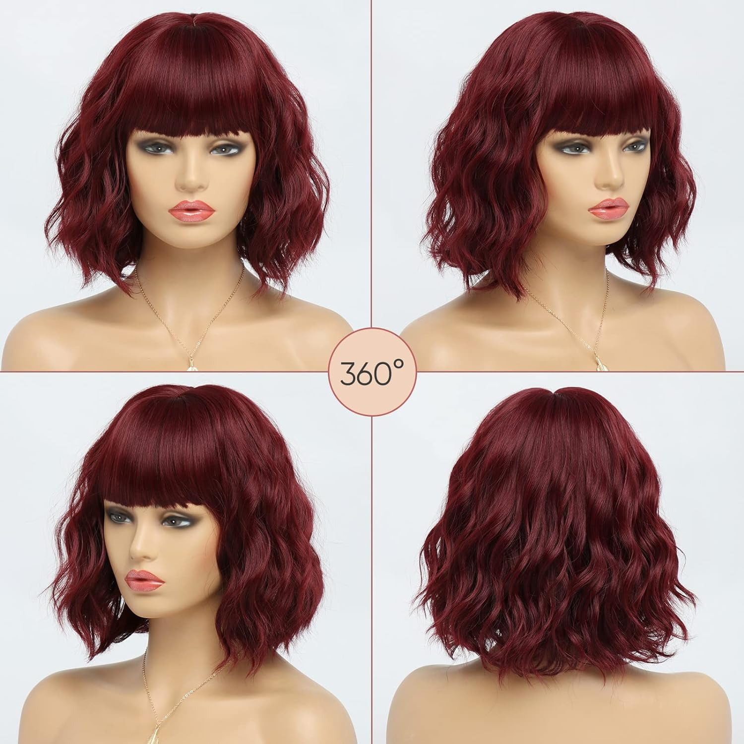 DOPI Short White Silver Wigs for Women Ombre Grey Wavy Bob Wig with Bangs Medium Length Synthetic Hair Water Wave Dark Roots Wig Gray Colorful Wigs（12 Inches）