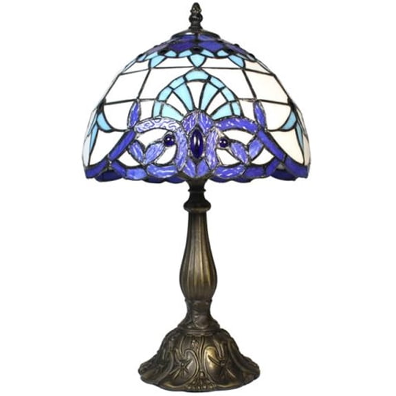 Blue Genuine Stained Glass Lamp Shade with Antique Bronze Zinc Cast Base 17.75x11x11 inches  Decor for Living Room, Bedroom, Office, & More