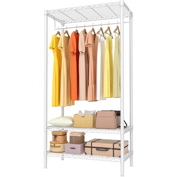 Heavy Duty 3-Tier Freestanding Clothes Rack – Metal Garment Organizer with Adjustable Shelves & Hanger Rod, 660 lbs Capacity – Portable Wardrobe Storage , 35.4"W x 17.7"D x 68.9"H, White Color