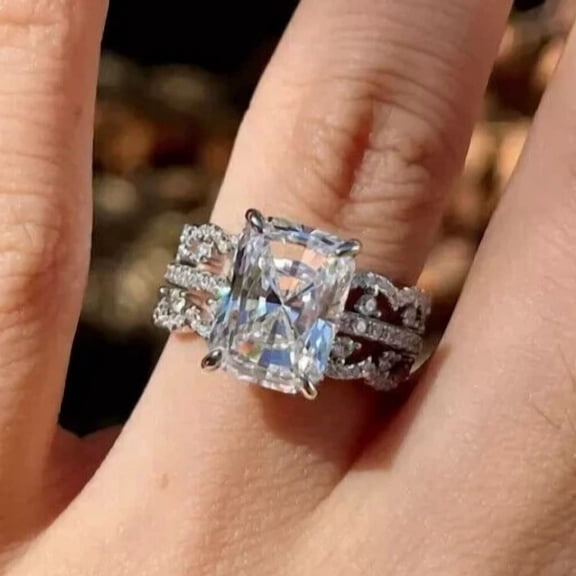 3.00Ct Radiant Cut Simulated Diamond Unique Couple Trio Set Engagement Ring 14k White Gold Plated 925 Silver