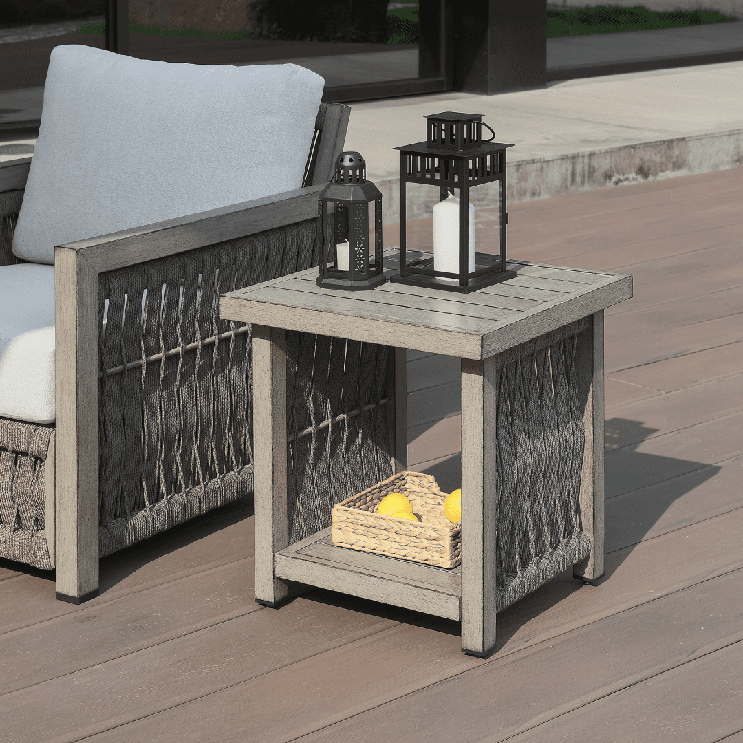 Outdoor Patio Side Table with Aluminum Frame, 2-Tier Rope Weave Design & Adjustable Legs