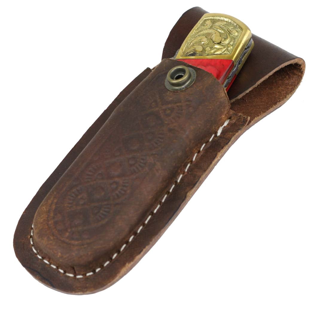 TheBoneEdge 9' Hand Made Damascus Blade Folding Knife Pakkawood Handle Red New