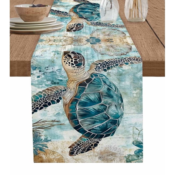 Hokiten Table Runners 36 Inches Long Dress Scarves, Teal Coastal Turtle Farmhouse Kitchen/Dining Table Runner, Short Coffee Tablerunners, Vintage Watercolor Marine Life 13x36 Inch