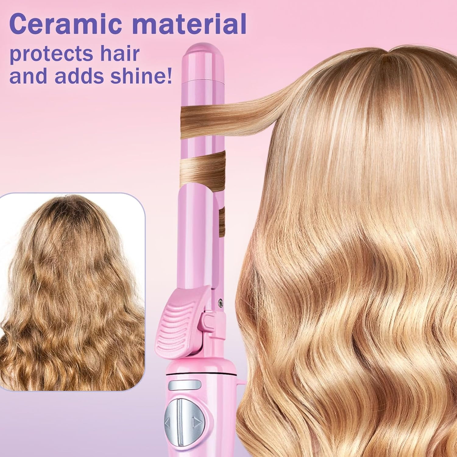 Curling Iron，Automatic Curling Iron，Ceramic Material Does not harm Hair, Temperature Display, Ceramic Heat Pipe Length 5.1 inches，Pink Sunse