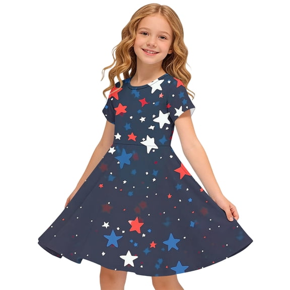 Amidoa Girl Dresses Swing Short Sleeve A-Line 4th of July Dress Summer Casual Sundress for Kids Multicolor Size 5T