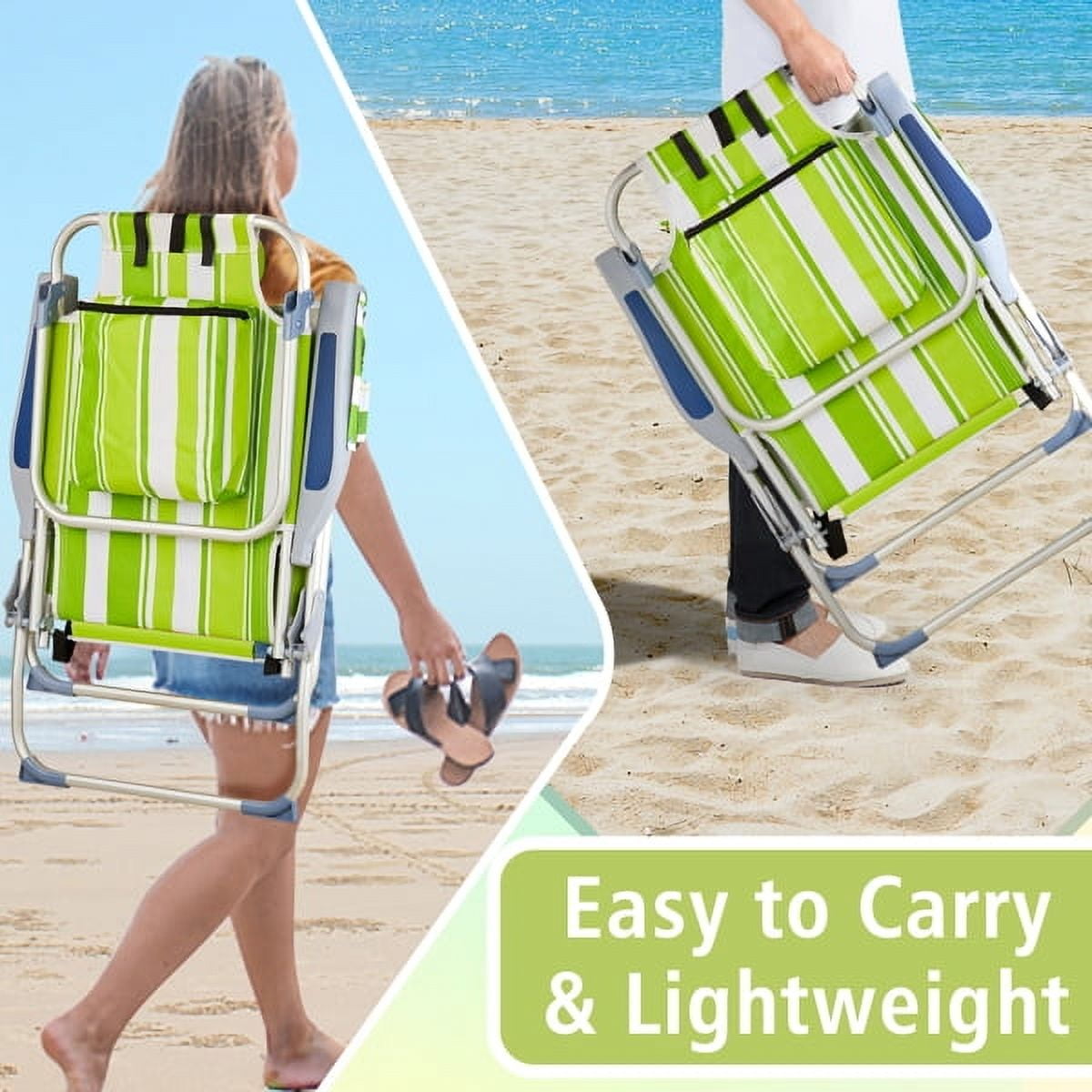 Alvantor High-Seat Beach Chair, 5-Position Reclining Aluminum Frame, Green Stripe