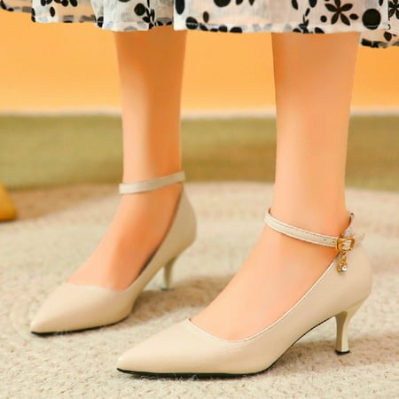 

NEGJ Ladies Fashion Solid Color Leather Pointed Toe Buckle Thin High Heel Pumps Casual Shoes