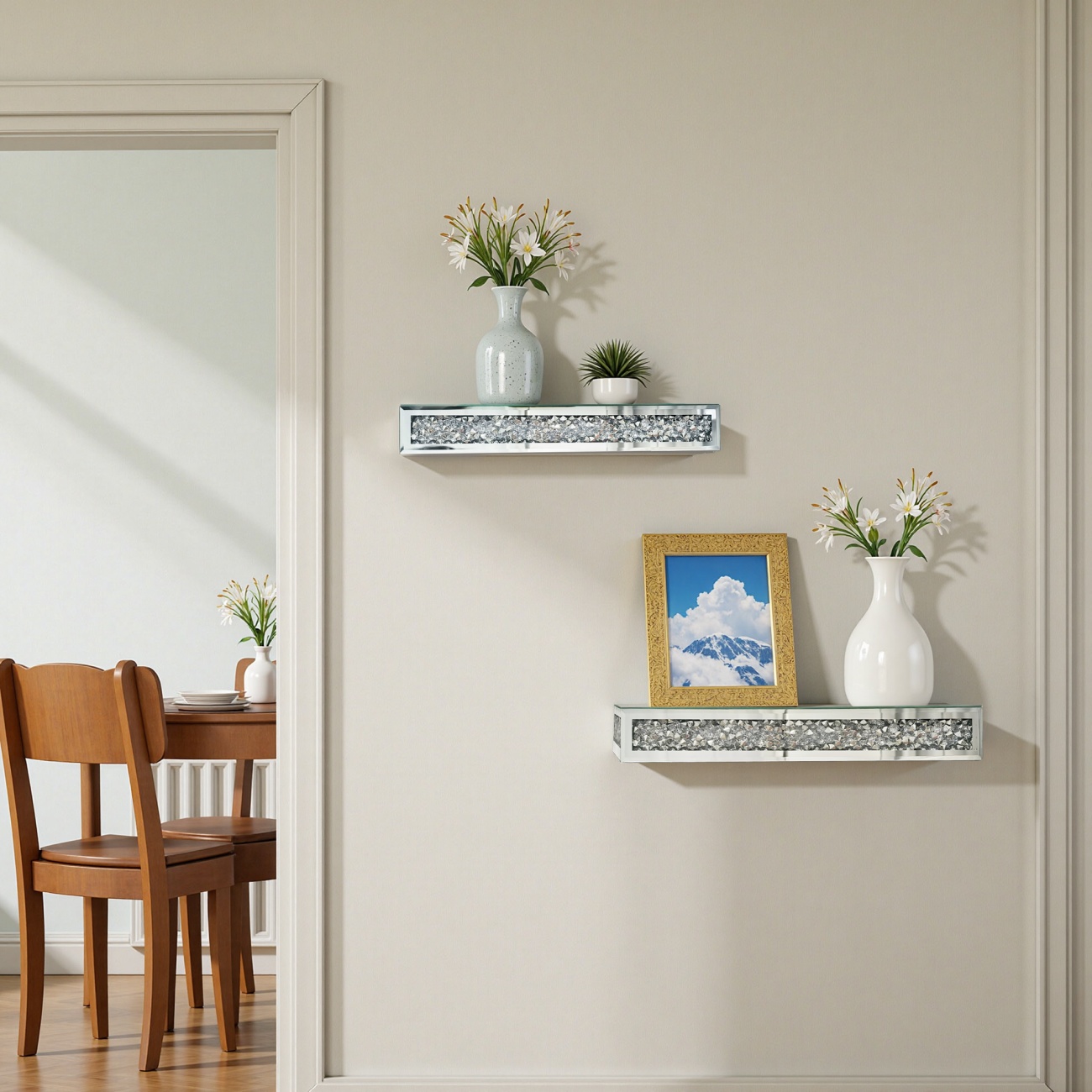 LUVODI Silver Crushed Diamond Wall Floating Shelf Luxury Mirrored Storage Shelf Home Decoration