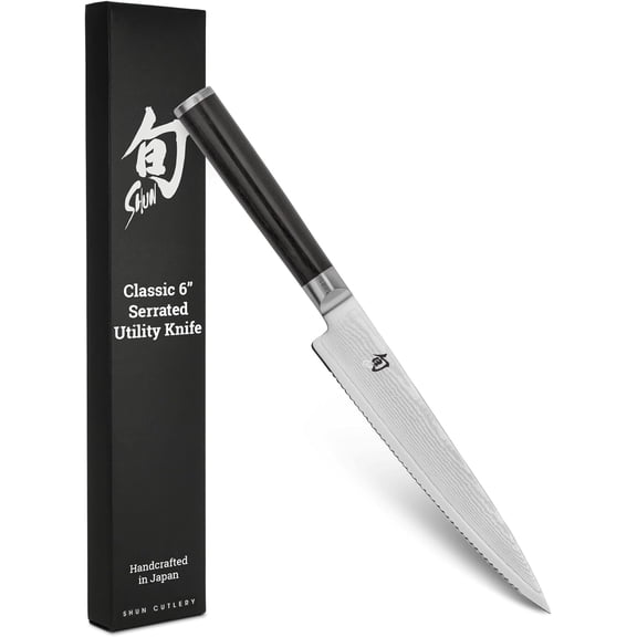 Shun Classic 6-Inch Serrated Utility Knife, VG-MAX Core with Damascus Stainless Steel Cladding, Pakkawood Handle