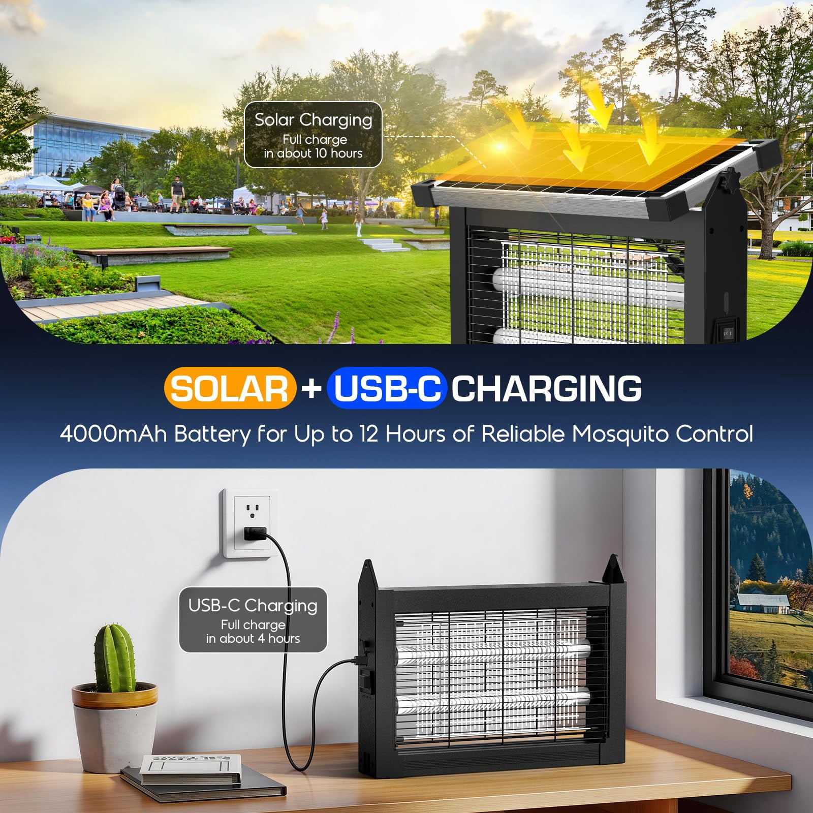 Solar Zapper Outdoor Waterproof  4500v High Power Cordless Mosquito With Smart Light Sensor Dual & Usb Rechargeable Insect Killer For Patio Garden Backyard Indoor Use