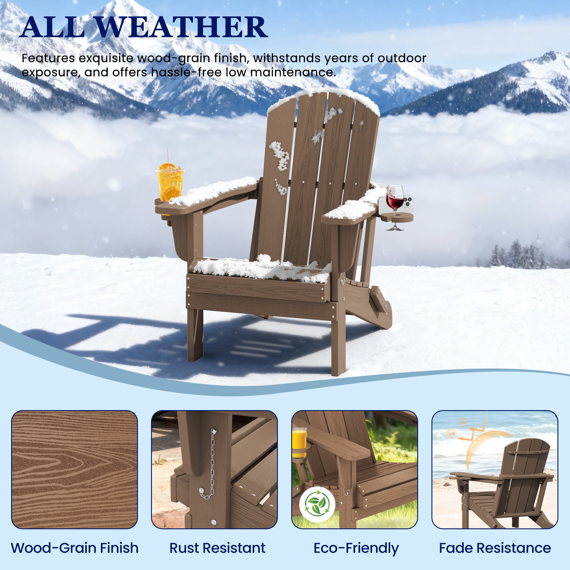 SERWALL Folding Adirondack Chair Set of 4 with Dual Cup Holders & Phone Holder, All-Weather HDPE Fire Pit Chairs for Outdoor, Patio, Poolside, Garden - Brown