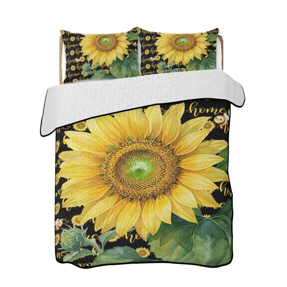 Quilts Queen Size Bedding Set, Sunflower Farmhouse Reversible Summer Quilt 3 Pieces, Pastoral Floral Bees Dots Black Lightweight Bedspreads Coverlets with 2 Pillow Shams for All Seasons