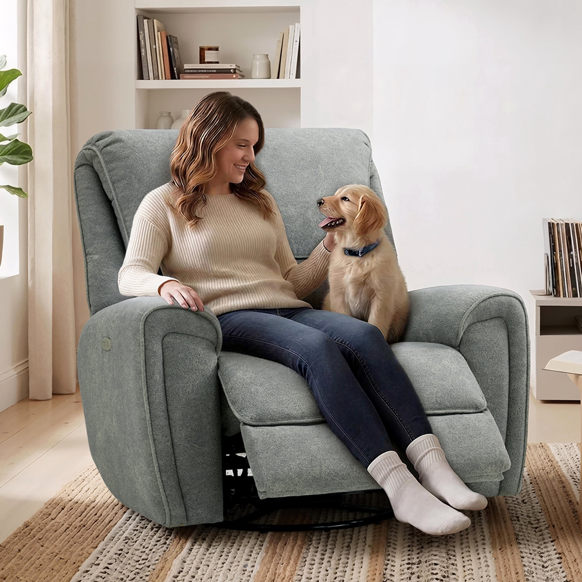 MCombo 400lbs Oversized Swivel Rocker Power Recliner Chair for Big and Tall People, Fabric, Light Grey