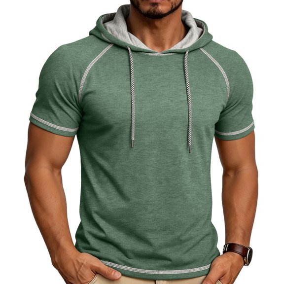 Uwinwear Men's Activewear T-Shirts Hooded Outdoor Short Sleeve Tops Summer Beach Casual Slim Fit Pullover Breathable Casual Wear,Green,XXXL