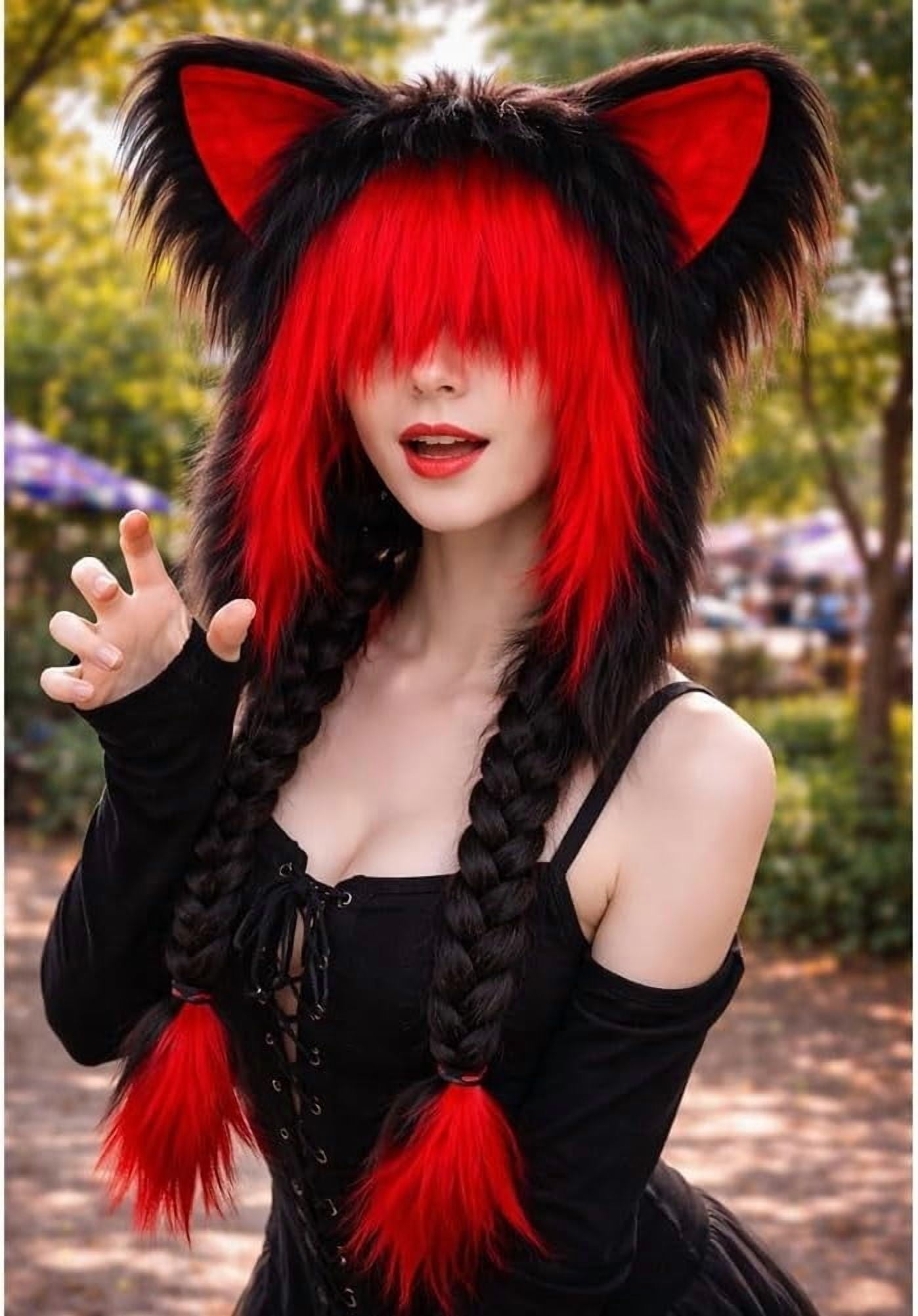 Soft Furry Animal Ear Hat with Braids,Furry Head Mask,Cute Animal Horns Ears Winter Hat,Hooded Red Black Fur Winter Warm Earmuffs Cat Shiesty,Cosplay Accessories,Great for Cosplay and (1,pcs,L)