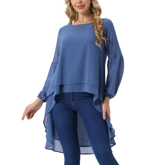 INSPIRAR CHIC Blusas Asimétricas de Manga Larga con Cuello Redondo para Mujeres, Casual y Elegante, Color Gris Azul
