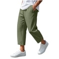 thumbnail image 3 of Xcmzpl Mens Linen Casual Pants Elastic Waist Baggy Straight Leg Trousers with Button Hem Yoga Beach Summer Pocket Cropped Pant Army Green M, 3 of 7