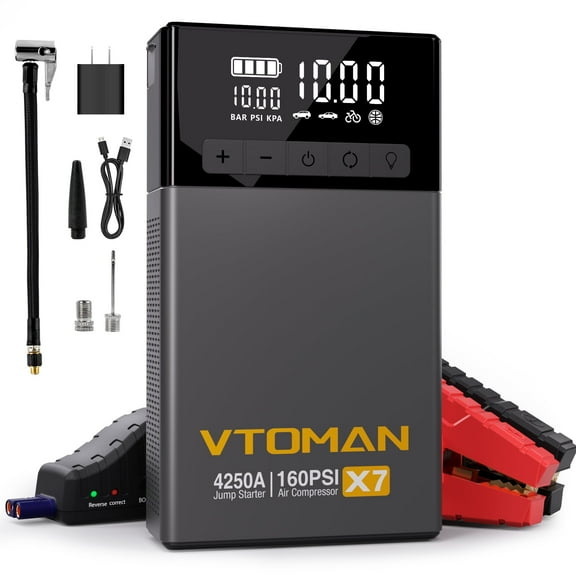 VTOMAN X7 4250A Car Jump Starter with Air Compressor (24000mAh), 160PSI Tire Inflator, 12V Lithium Battery Booster for 10L Gas/10L Diesel Engine with LED Screen