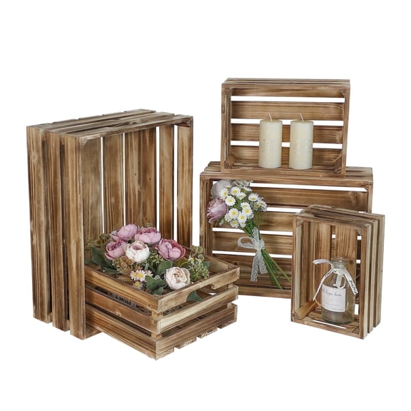 MODE HOME 5-Piece Farmhouse Wooden Crate Set - Rustic Wooden Crates for Display and Storage, Large Torched Decorative Crates, Farmhouse Apple Crates, Painted Wood Crates for Decor