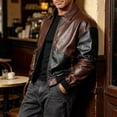 thumbnail image 4 of LODIENY Mens Bomber Jacket Vintage Collared Color Block Leather Motorcycle Jackets for Fall Winter with Pockets Brown XL, 4 of 9