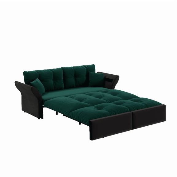 TICOZE 74.8 Inch Green Velvet Queen Sleeper Tufted Sofa, 3 in 1 Convertible Sofa Bed with 2 Soft Pillows, Multi Functional Loveseat for Modern Living Spaces
